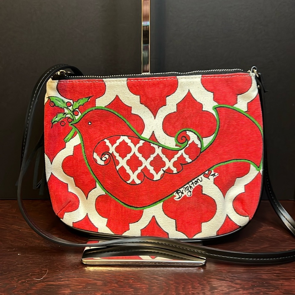 ❤️ Brighton Red Bird Print Canvas Crossbody Bag Love Dove Pouch Purse Tassel❤️